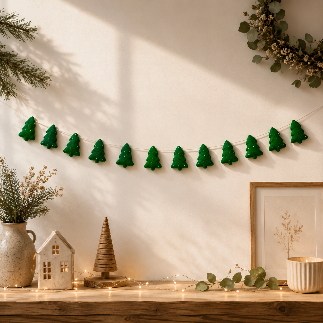 Decorative green tree garland on a wall with home decor items below.