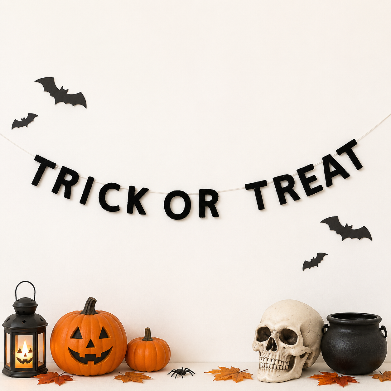 Halloween-themed decorations including a 'Trick or Treat' banner, pumpkins, a skull, lantern, and cauldron on a white background.
