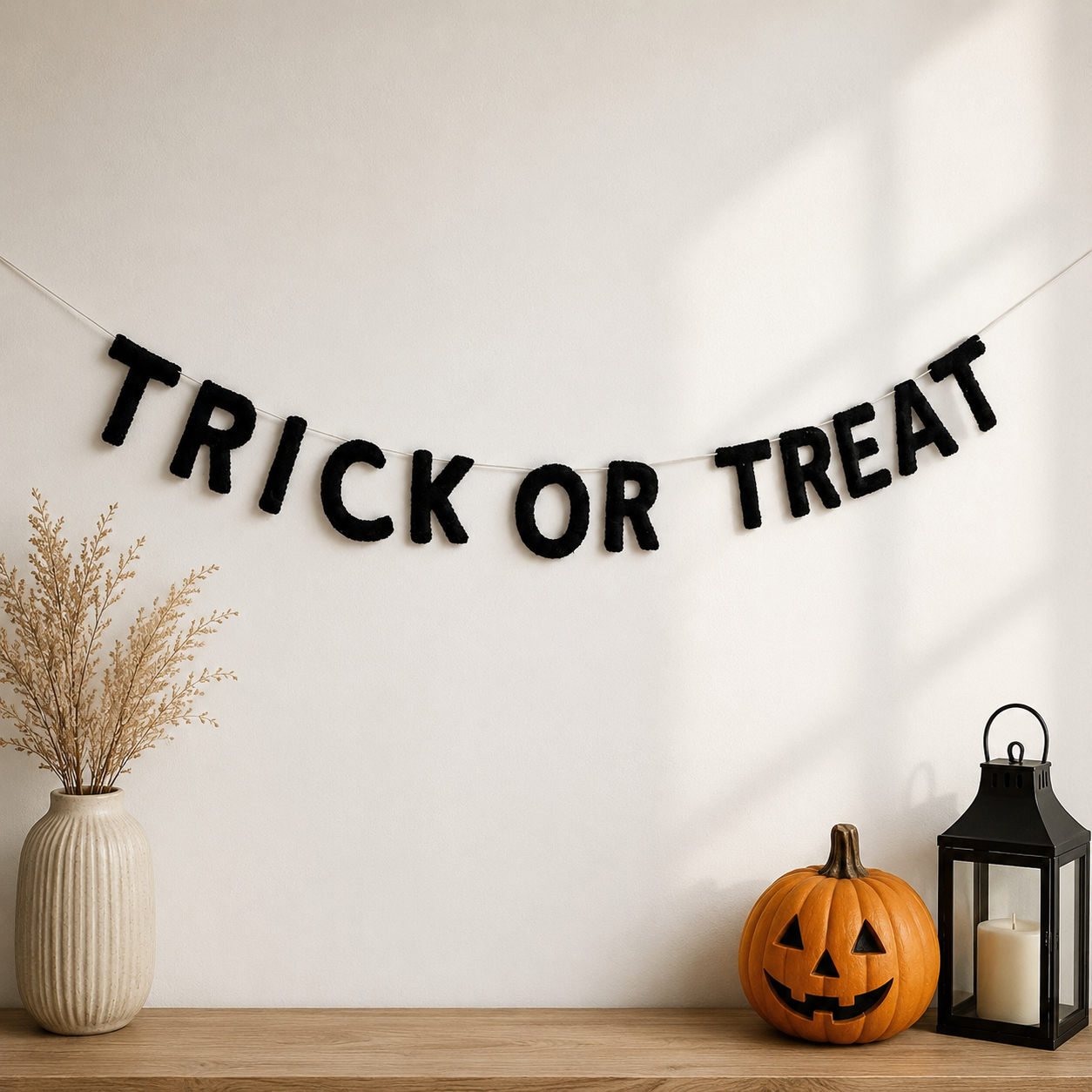 Halloween-themed decor with 'TRICK OR TREAT' banner, pumpkin, and lantern on a wooden surface.