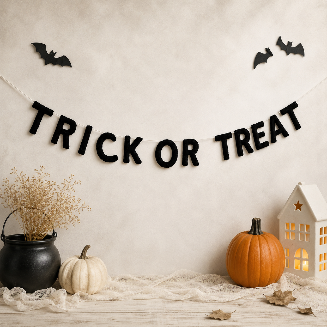 Halloween-themed decor with 'TRICK OR TREAT' banner, pumpkins, and bats on a neutral background.
