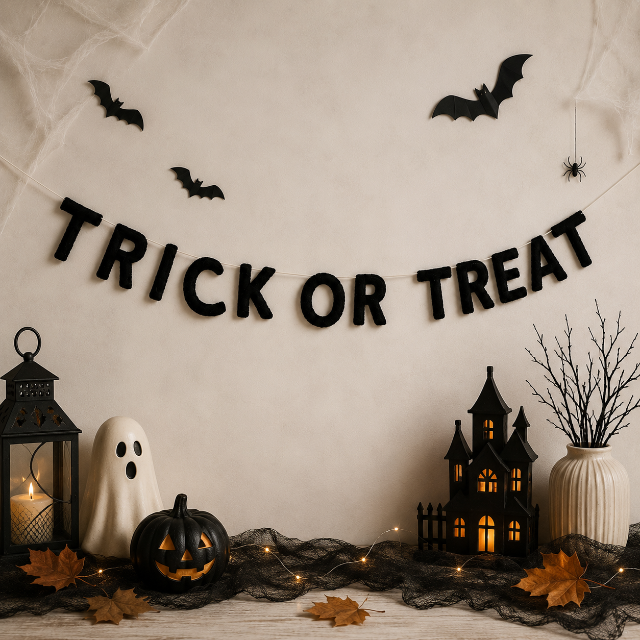 Halloween-themed decorations with 'TRICK OR TREAT' banner, pumpkins, lanterns, and bats on a neutral background.