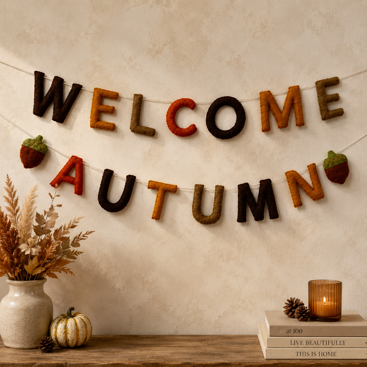 Decorative banner with 'Welcome Autumn' on a wall with autumn-themed decor.