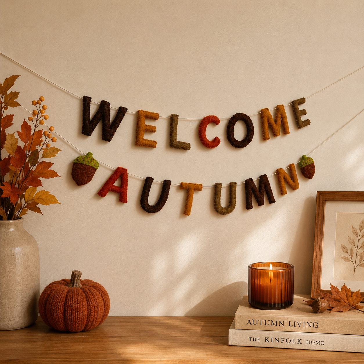 Decorative autumn banner with 'Welcome Autumn' on a wall with a pumpkin, candle, and books.