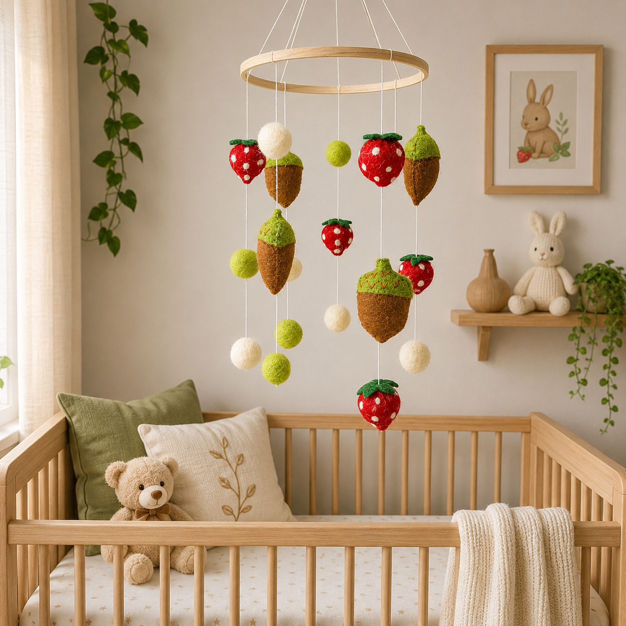 Nursery room with wooden crib, teddy bear, and decorative mobile with acorns and strawberries.