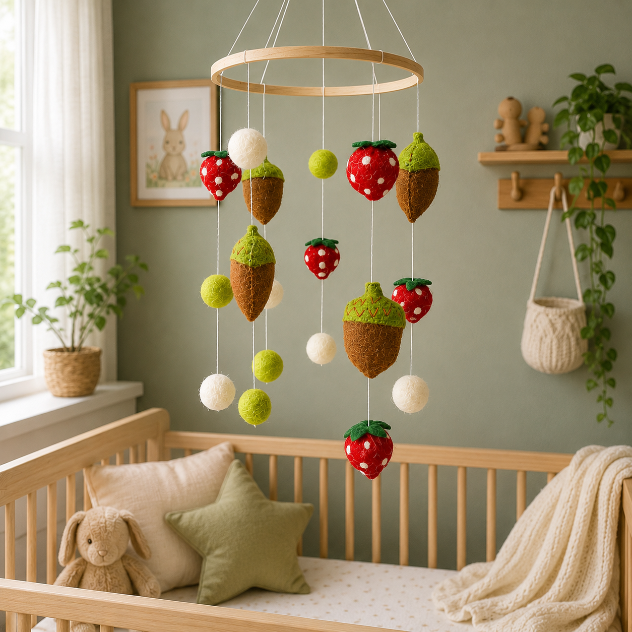 Nursery room with a wooden crib, decorative mobile, and plants.