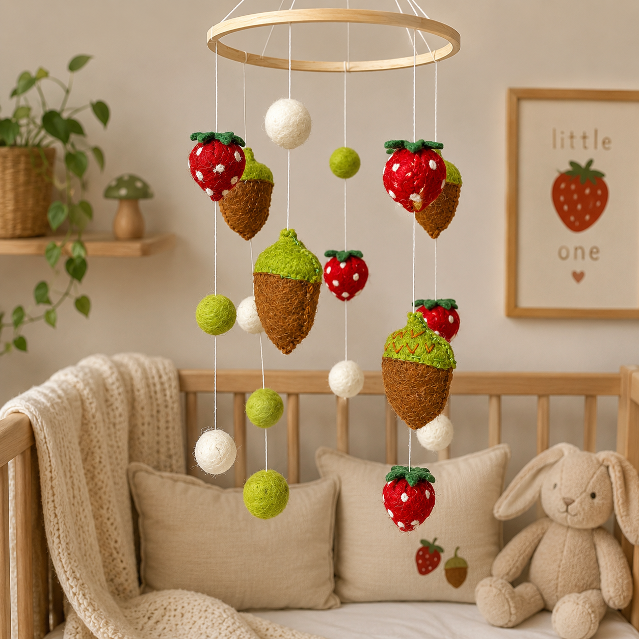Baby crib with a mobile featuring strawberries, acorns, and leaves, surrounded by soft toys and pillows.