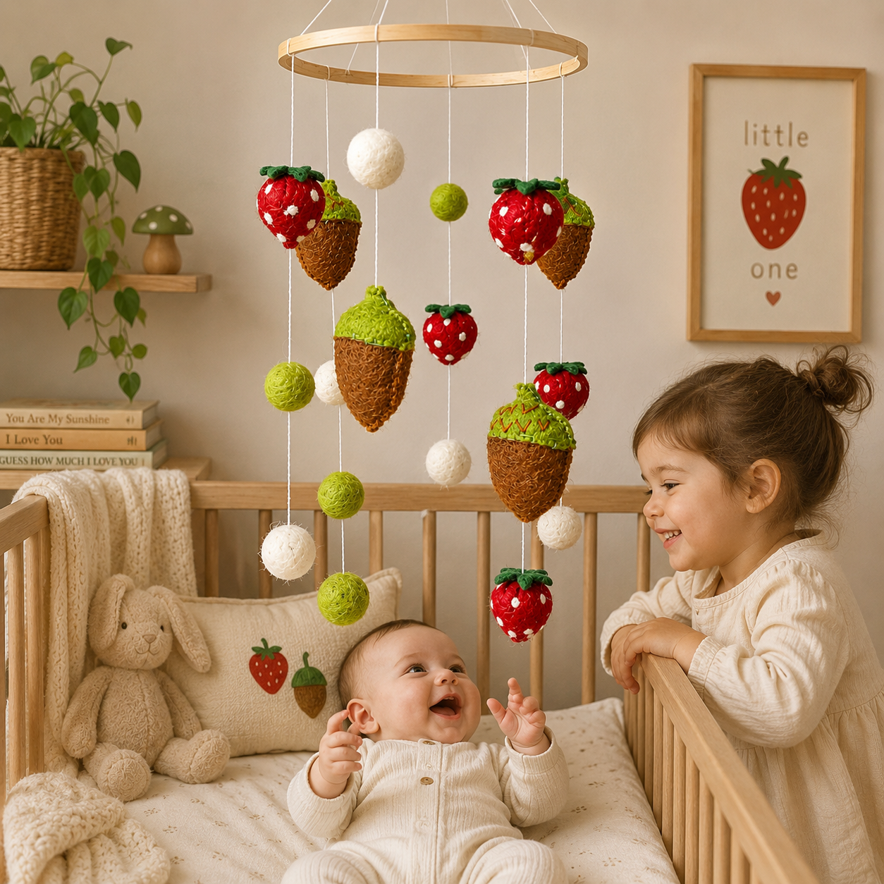 Children in a crib with a strawberry-themed mobile above them in a nursery.