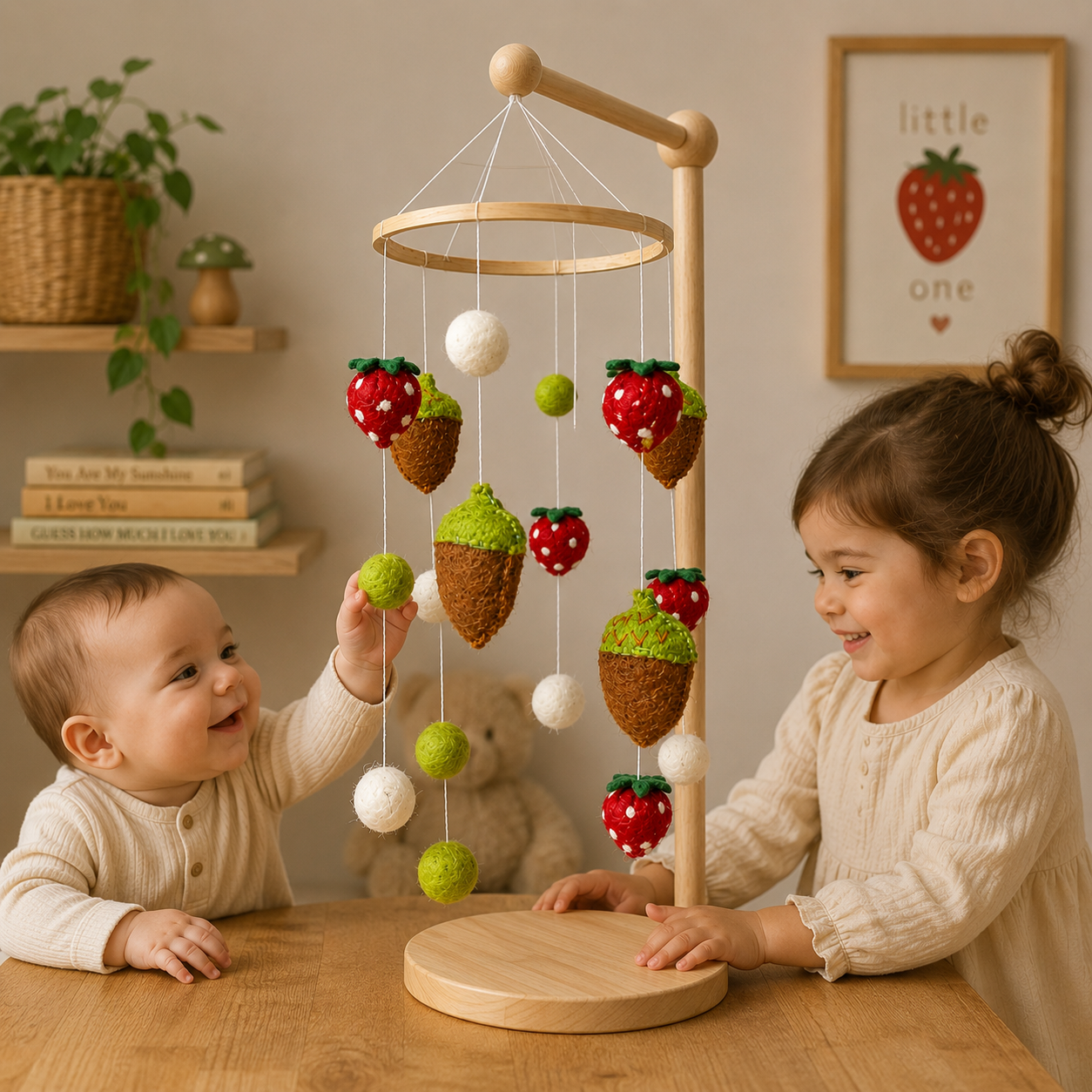 Two children playing with a wooden mobile toy on a table.