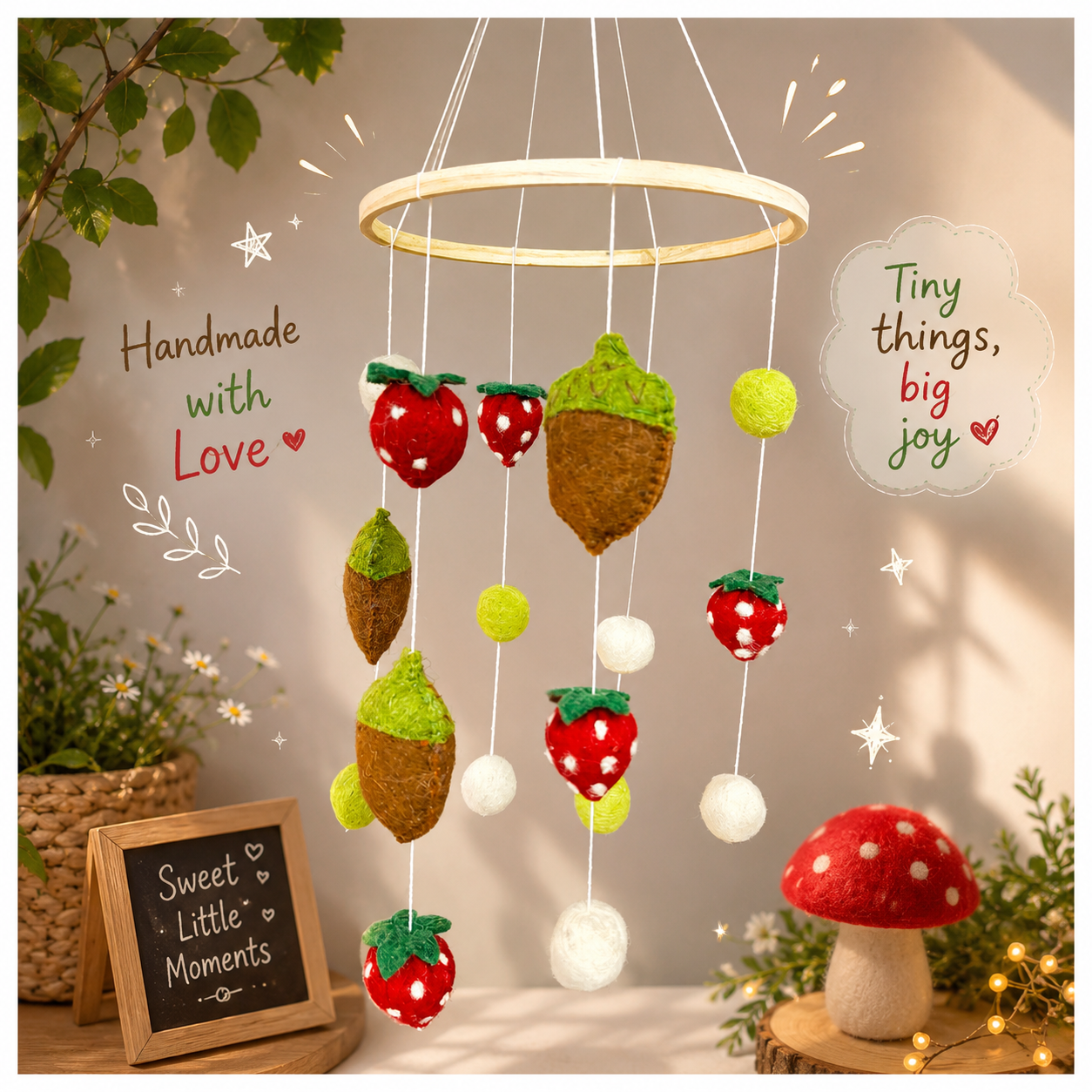 Handmade decorative mobile with fruits and vegetables hanging from a ceiling light fixture.