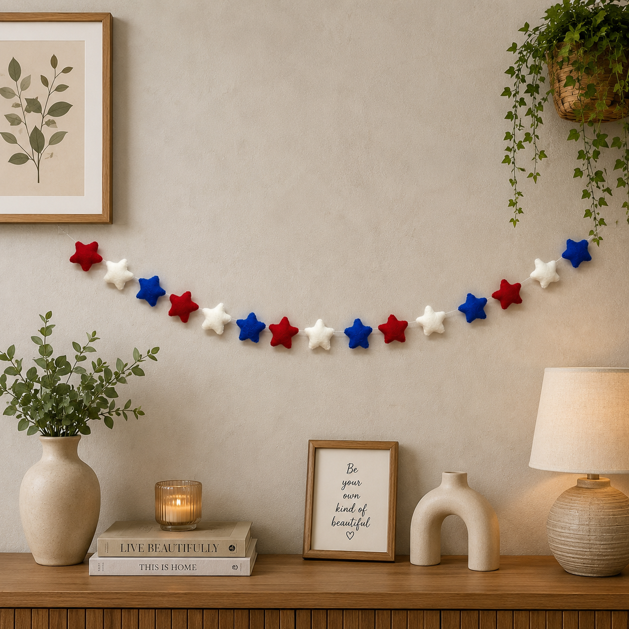 Decorative string of red, white, and blue stars on a wall above a wooden shelf with books, a lamp, and plants.