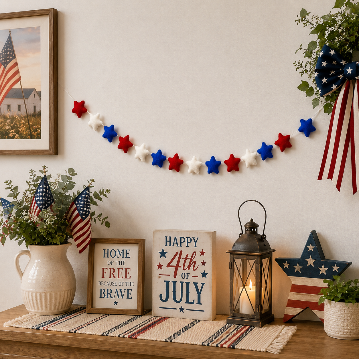 Decorative setup with American flags, stars, and 'Happy 4th of July' sign on a table.