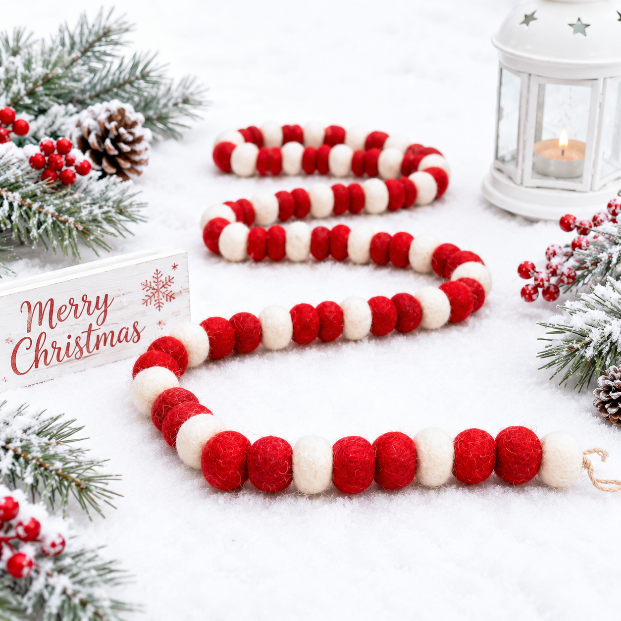 Red & White Felt Ball Garland | Handmade Christmas Bead Garland | Farmhouse Holiday Decor | Tree, Mantel & Tiered Tray Garland