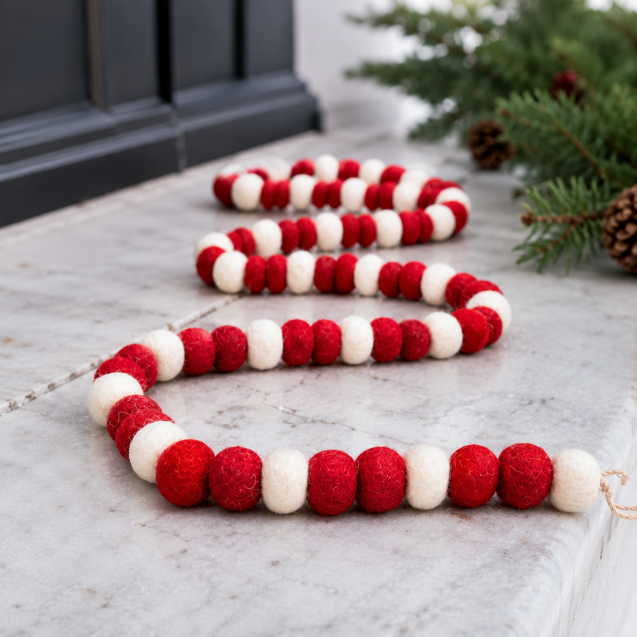 Red & White Felt Ball Garland | Handmade Christmas Bead Garland | Farmhouse Holiday Decor | Tree, Mantel & Tiered Tray Garland