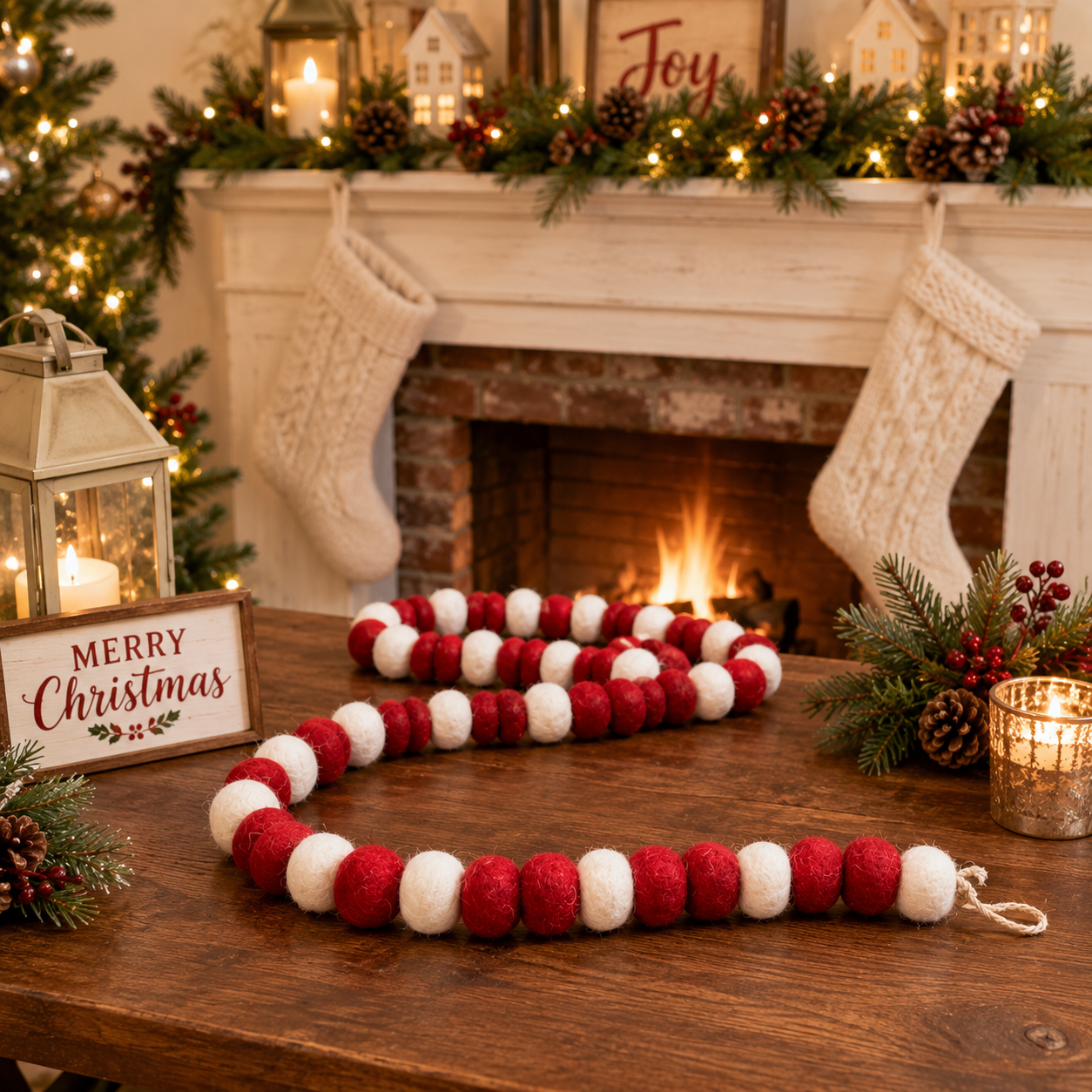 Red & White Felt Ball Garland | Handmade Christmas Bead Garland | Farmhouse Holiday Decor | Tree, Mantel & Tiered Tray Garland