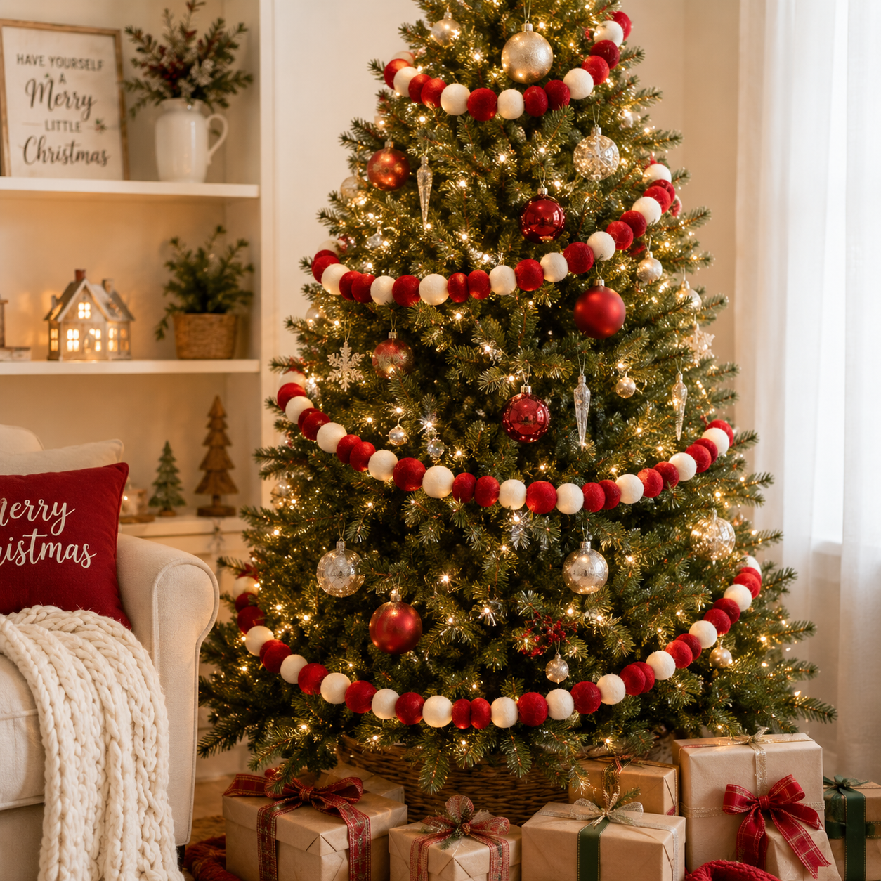 Red & White Felt Ball Garland | Handmade Christmas Bead Garland | Farmhouse Holiday Decor | Tree, Mantel & Tiered Tray Garland