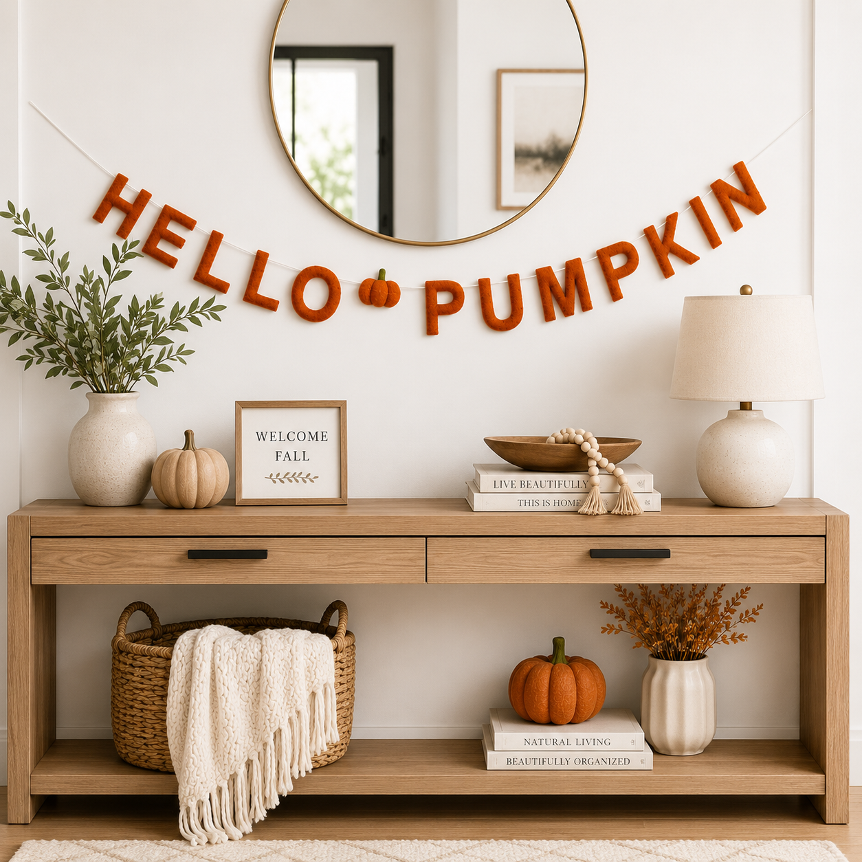 Hello Pumpkin Felt Garland | Handmade Fall Banner | Autumn Mantel Decor | Thanksgiving Wall Hanging