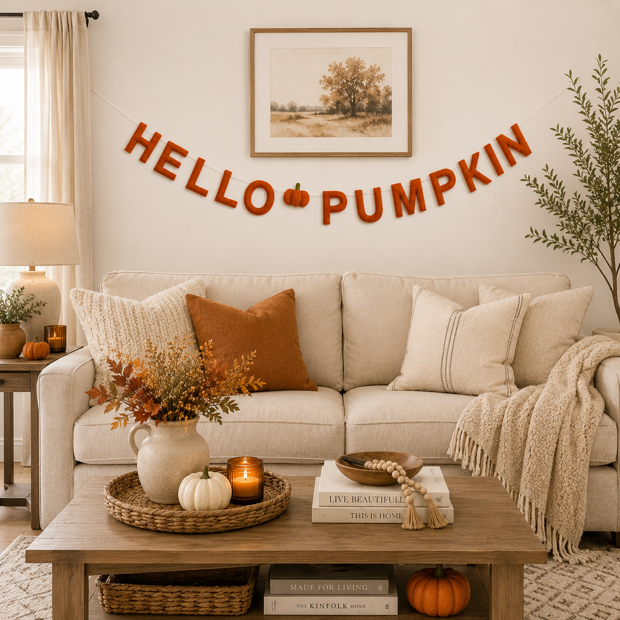 Hello Pumpkin Felt Garland | Handmade Fall Banner | Autumn Mantel Decor | Thanksgiving Wall Hanging