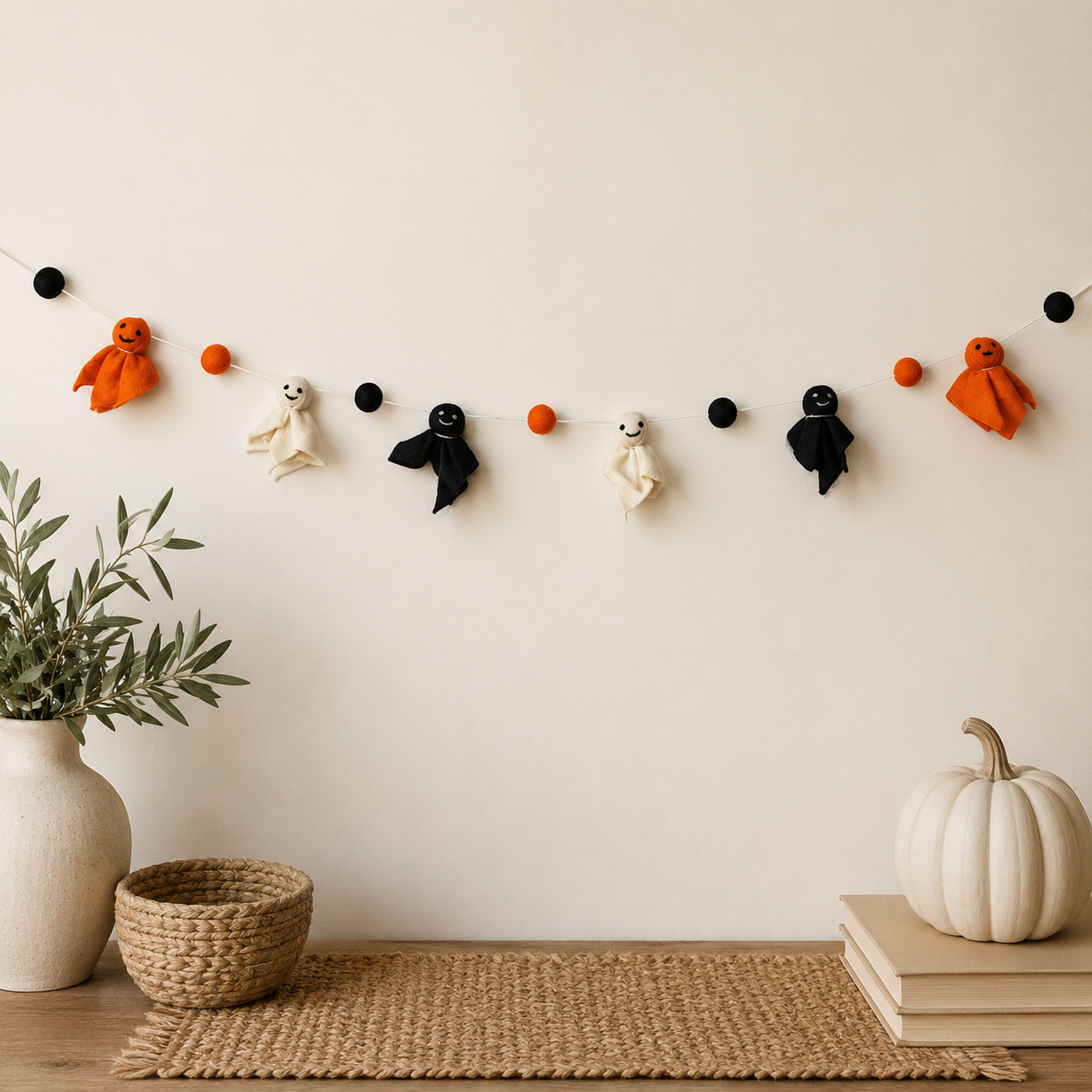 Handmade Wool Felt Halloween Ghost Garland – Cute Spooky Ghost Banner for Mantel, Wall, Nursery & Halloween Party Decor