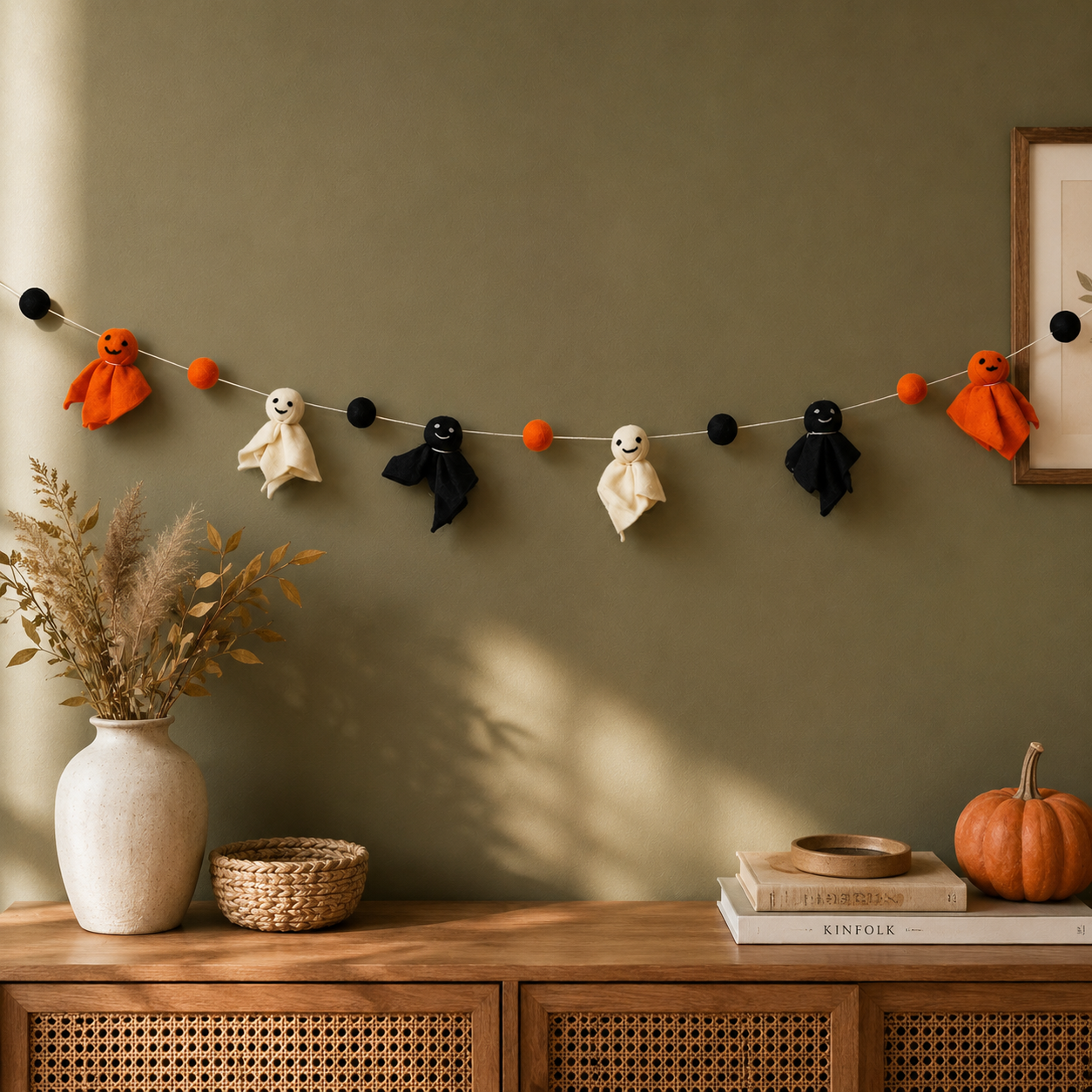 Handmade Wool Felt Halloween Ghost Garland – Cute Spooky Ghost Banner for Mantel, Wall, Nursery & Halloween Party Decor