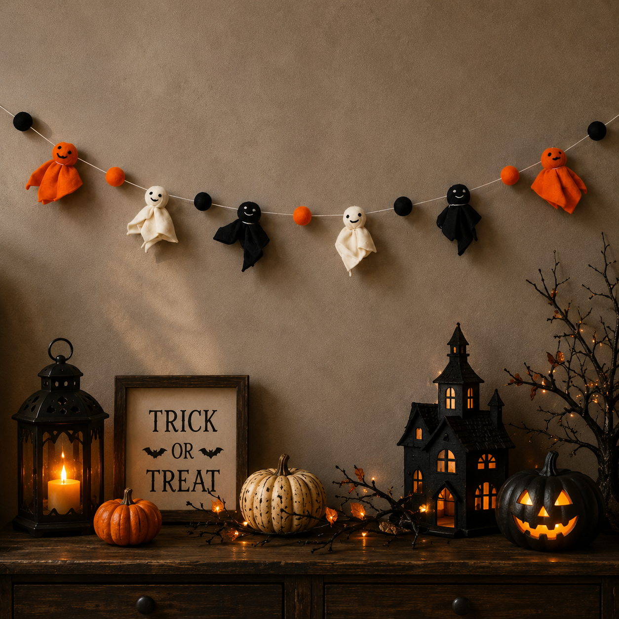 Handmade Wool Felt Halloween Ghost Garland – Cute Spooky Ghost Banner for Mantel, Wall, Nursery & Halloween Party Decor