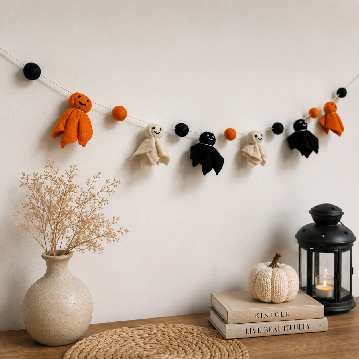 Handmade Wool Felt Halloween Ghost Garland – Cute Spooky Ghost Banner for Mantel, Wall, Nursery & Halloween Party Decor