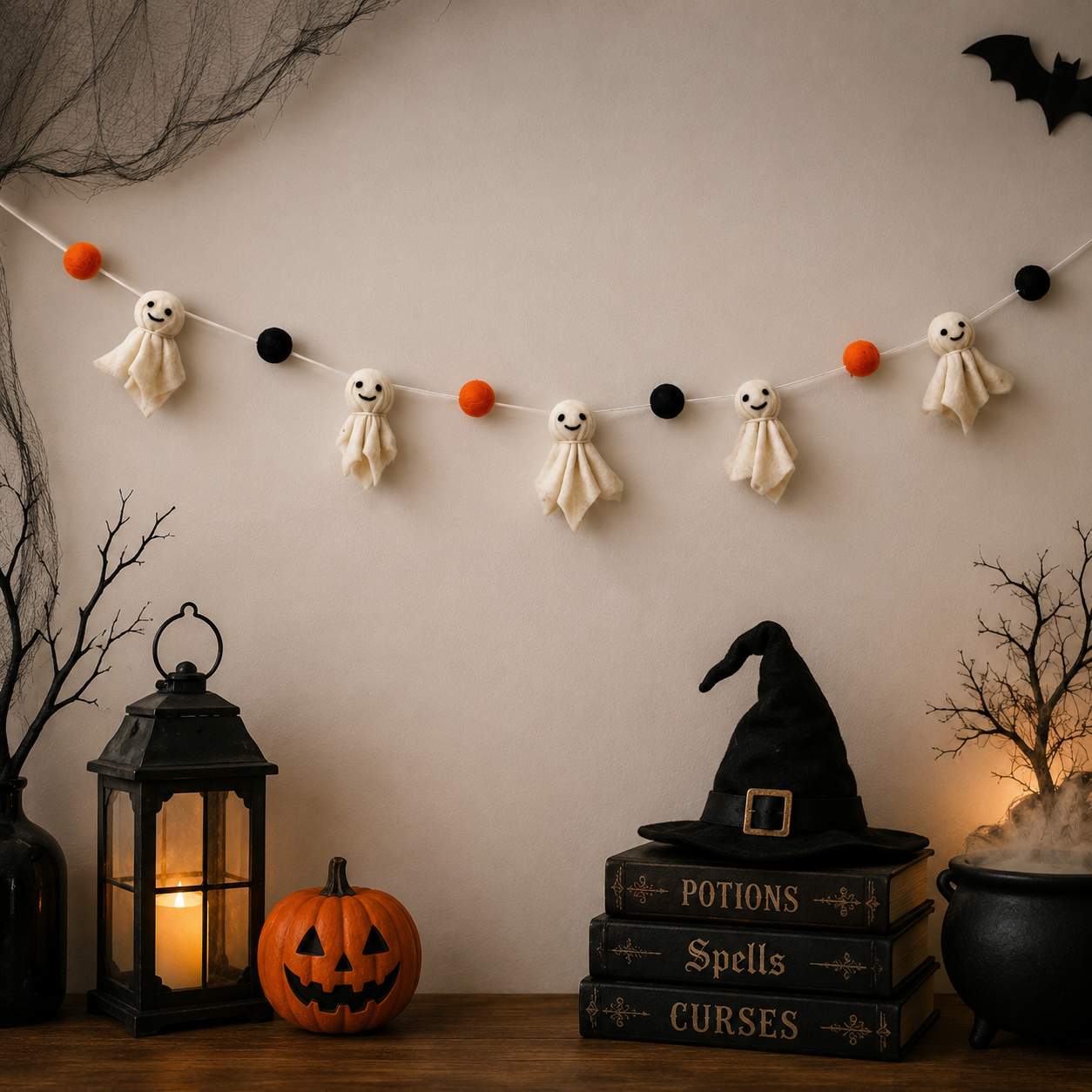 Halloween Ghost Felt Garland – Handmade Ghost Banner with Felt Balls | Spooky Halloween Mantel, Wall & Party Decor