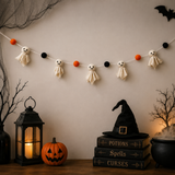 Halloween Ghost Felt Garland – Handmade Ghost Banner with Felt Balls | Spooky Halloween Mantel, Wall & Party Decor