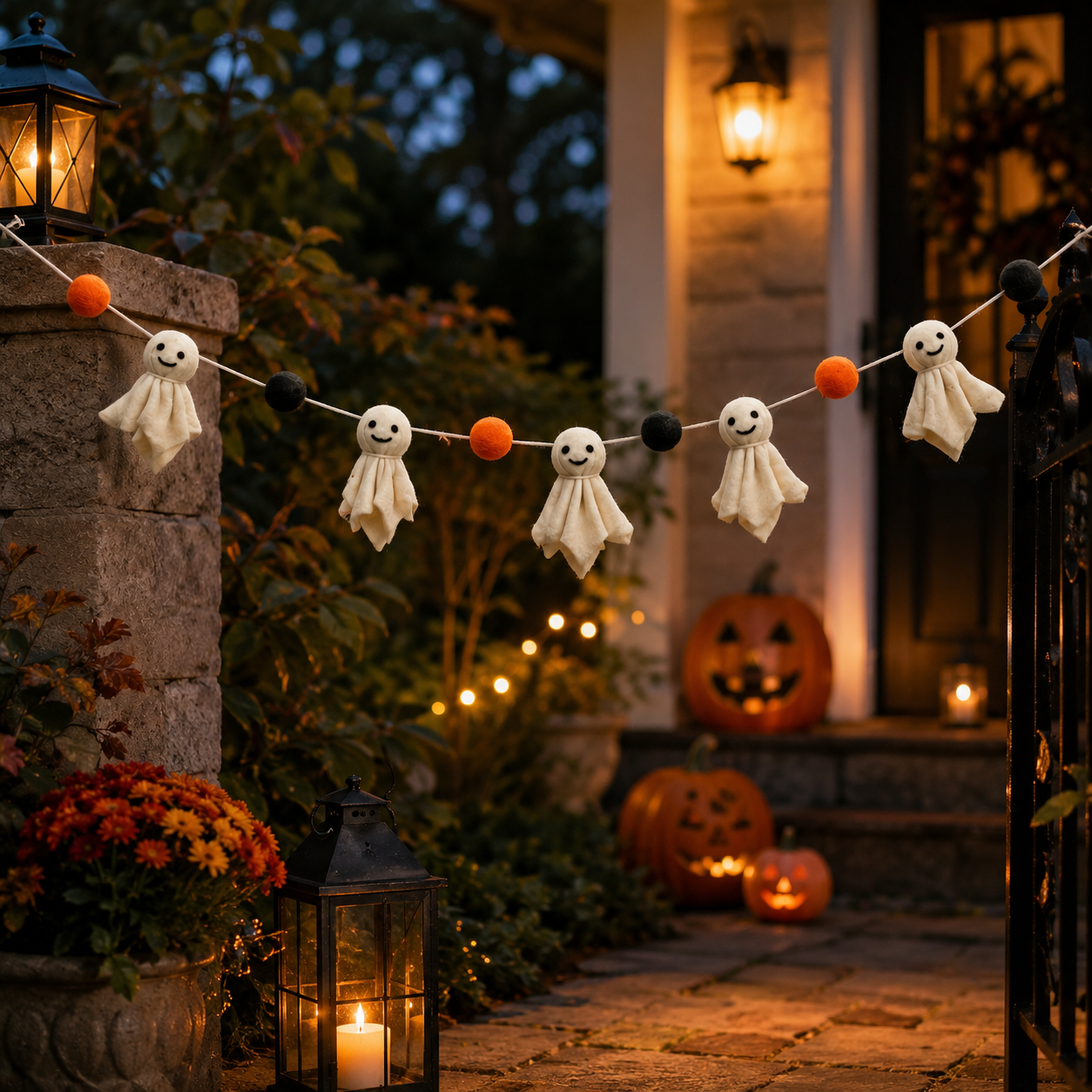 Halloween Ghost Felt Garland – Handmade Ghost Banner with Felt Balls | Spooky Halloween Mantel, Wall & Party Decor