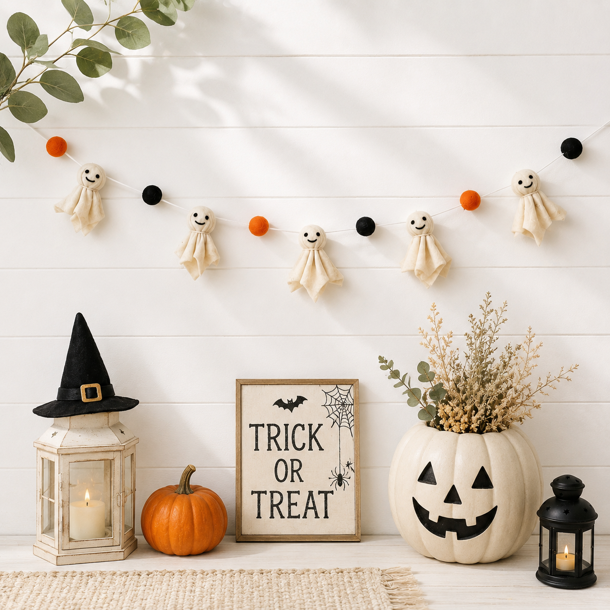 Halloween Ghost Felt Garland – Handmade Ghost Banner with Felt Balls | Spooky Halloween Mantel, Wall & Party Decor