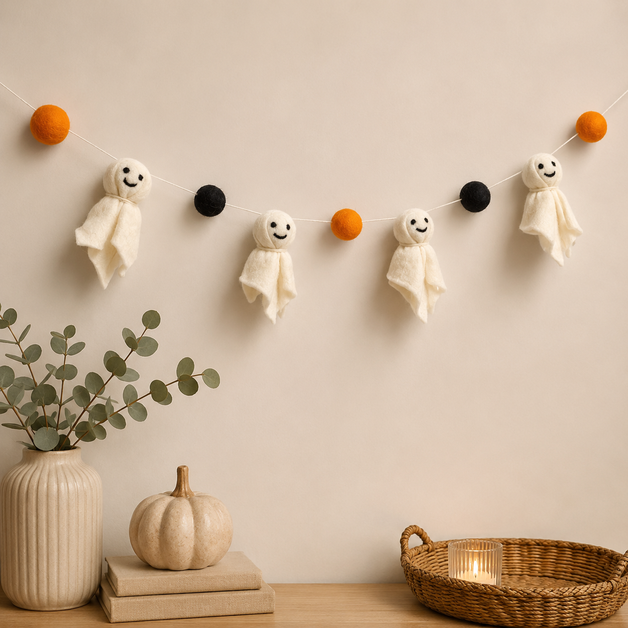 Halloween Ghost Felt Garland – Handmade Ghost Banner with Felt Balls | Spooky Halloween Mantel, Wall & Party Decor
