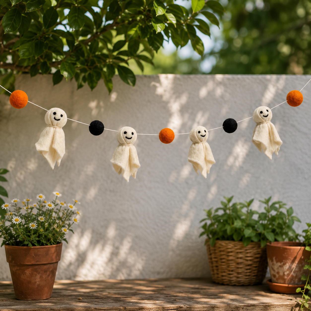 Halloween Ghost Felt Garland – Handmade Ghost Banner with Felt Balls | Spooky Halloween Mantel, Wall & Party Decor