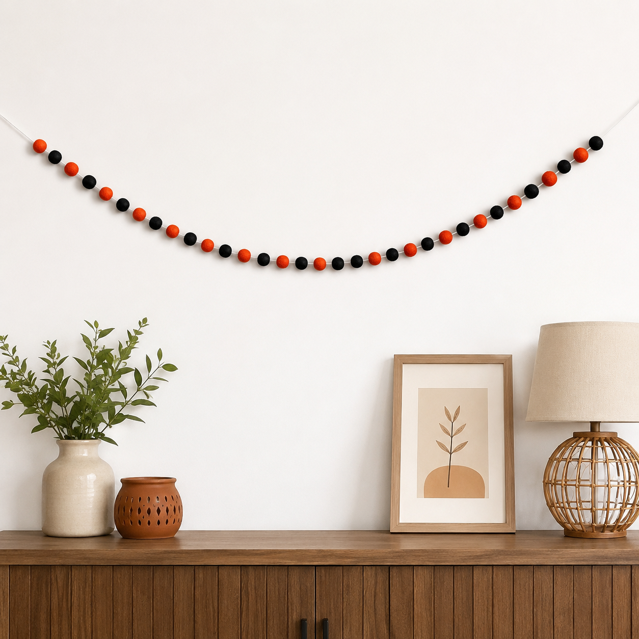 Halloween Felt Ball Garland – Orange & Black Wool Pom Pom Banner | Handmade Halloween Mantel Decor | Fireplace, Shelf & Party Wall Hanging