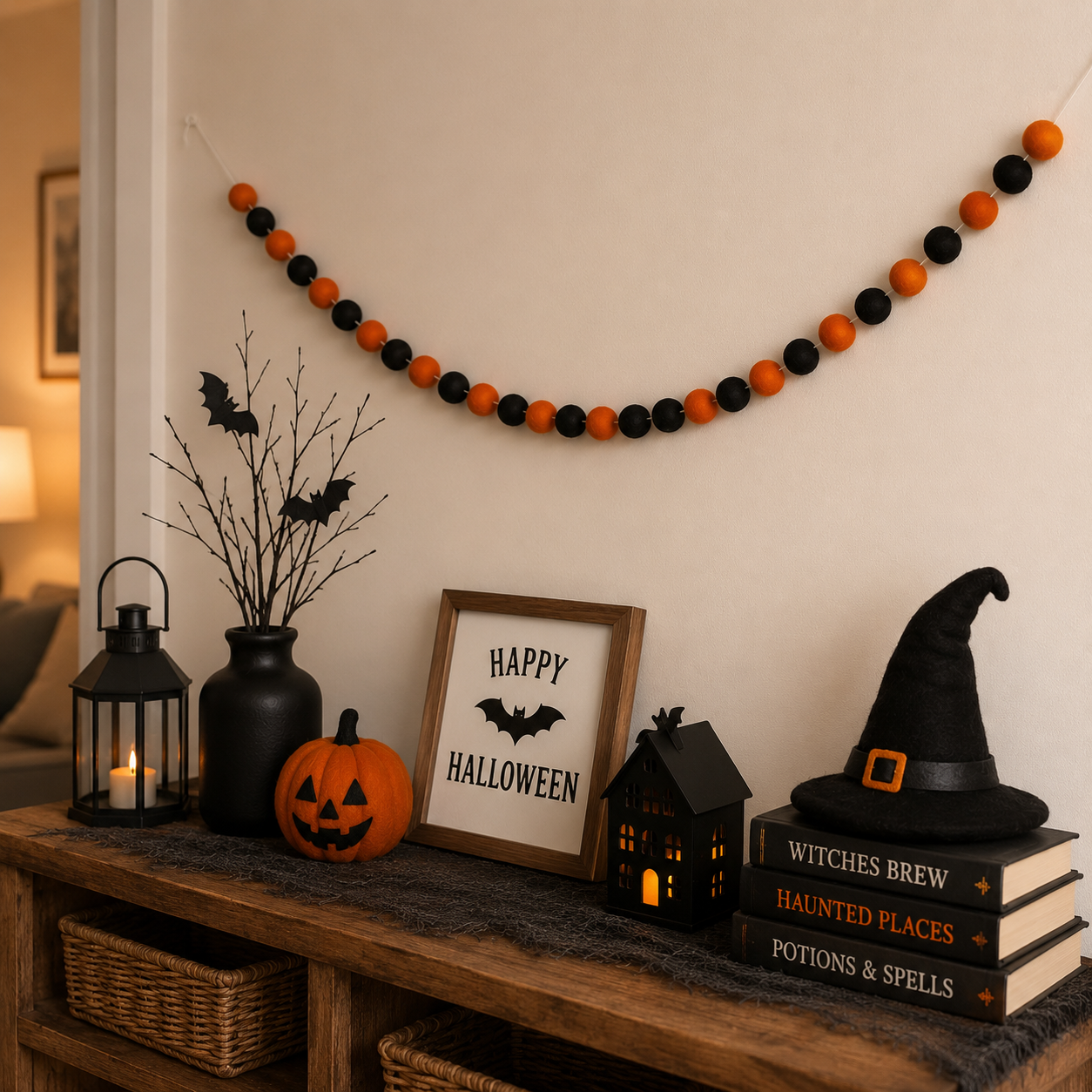 Halloween Felt Ball Garland – Orange & Black Wool Pom Pom Banner | Handmade Halloween Mantel Decor | Fireplace, Shelf & Party Wall Hanging
