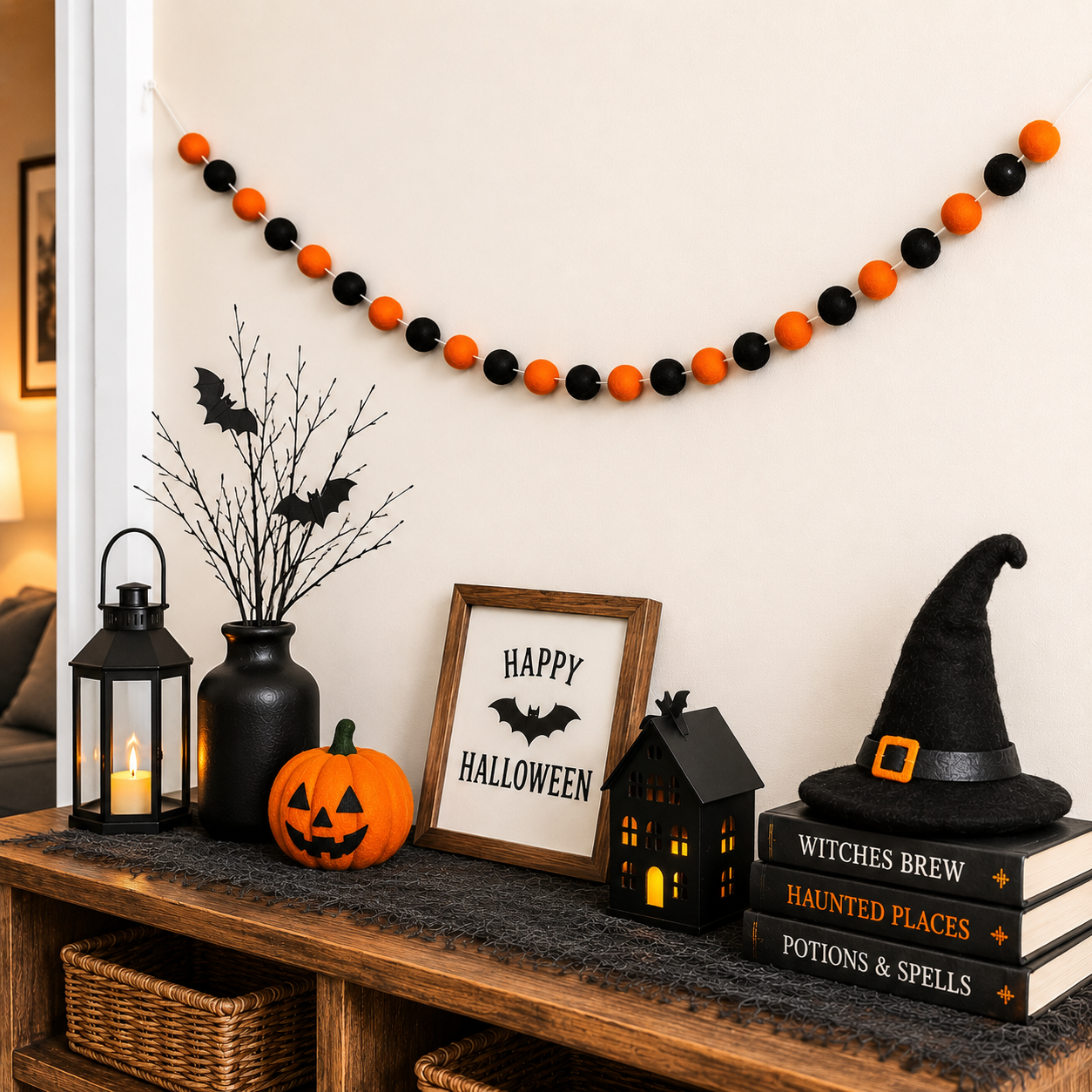 Halloween Felt Ball Garland – Orange & Black Wool Pom Pom Banner | Handmade Halloween Mantel Decor | Fireplace, Shelf & Party Wall Hanging
