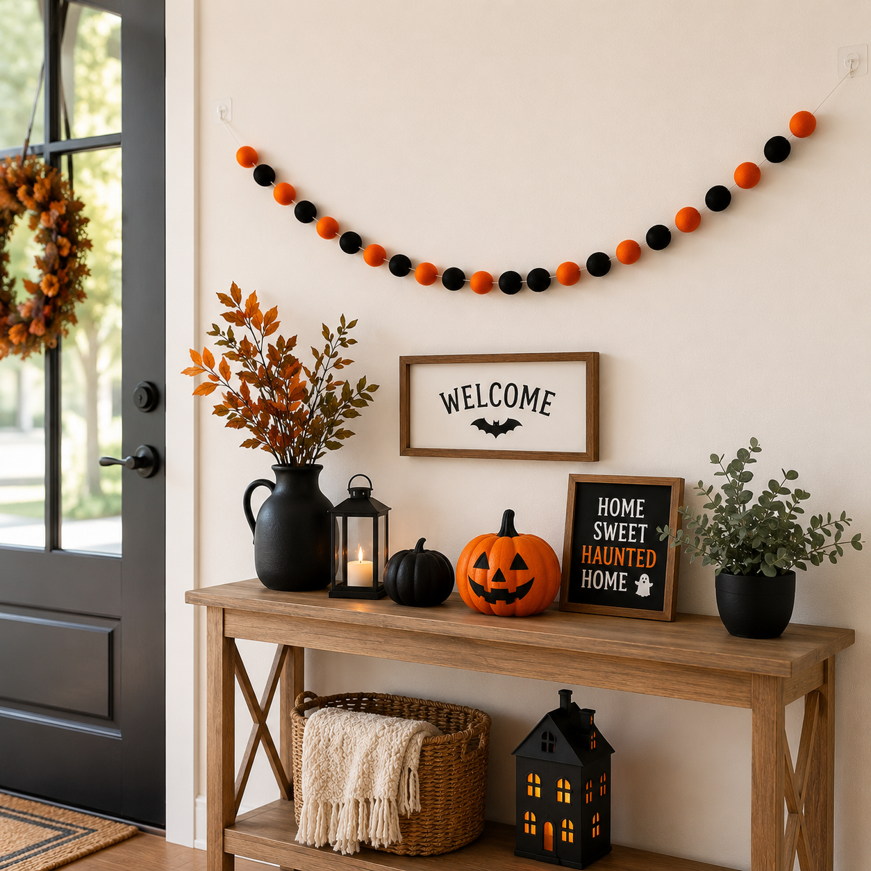 Halloween Felt Ball Garland – Orange & Black Wool Pom Pom Banner | Handmade Halloween Mantel Decor | Fireplace, Shelf & Party Wall Hanging