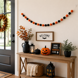 Halloween Felt Ball Garland – Orange & Black Wool Pom Pom Banner | Handmade Halloween Mantel Decor | Fireplace, Shelf & Party Wall Hanging