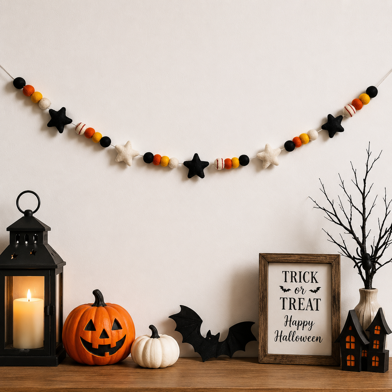 Halloween Felt Ball Garland with Stars – Handmade Halloween Banner for Mantel, Fireplace, Party & Entryway Decor