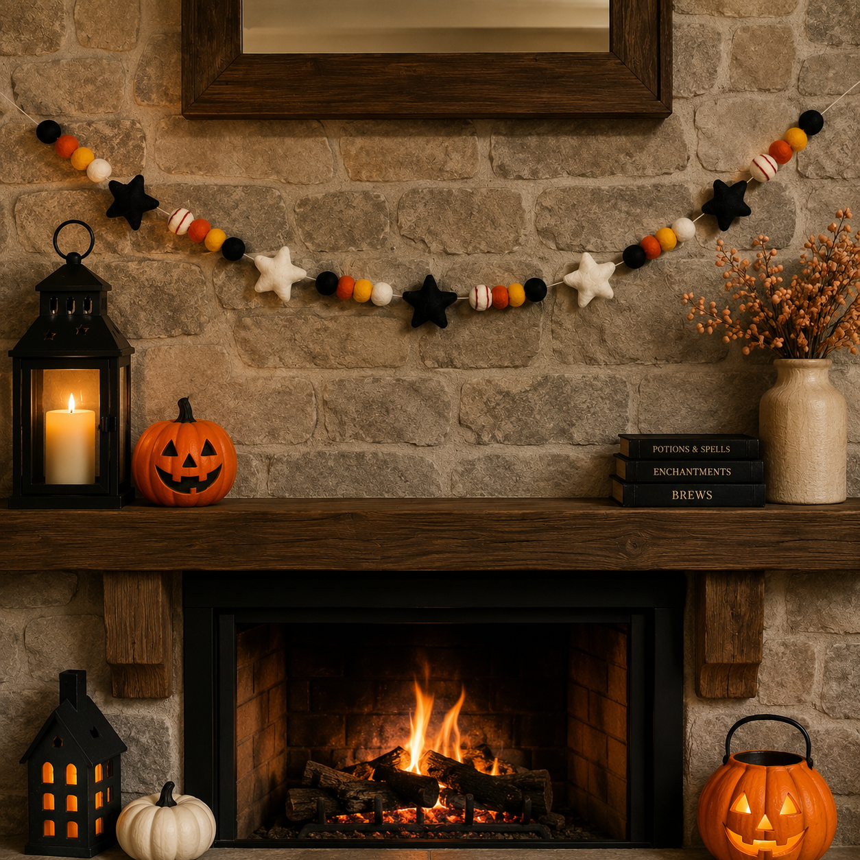 Halloween Felt Ball Garland with Stars – Handmade Halloween Banner for Mantel, Fireplace, Party & Entryway Decor