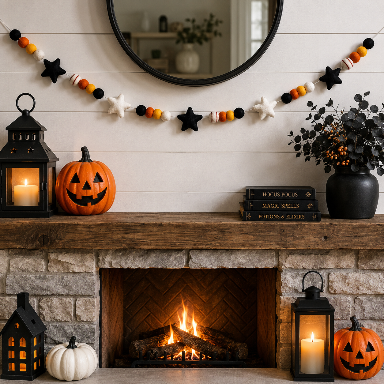Halloween Felt Ball Garland with Stars – Handmade Halloween Banner for Mantel, Fireplace, Party & Entryway Decor