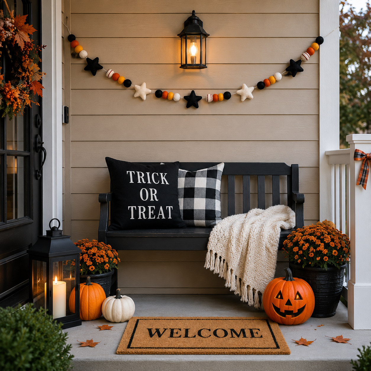 Halloween Felt Ball Garland with Stars – Handmade Halloween Banner for Mantel, Fireplace, Party & Entryway Decor