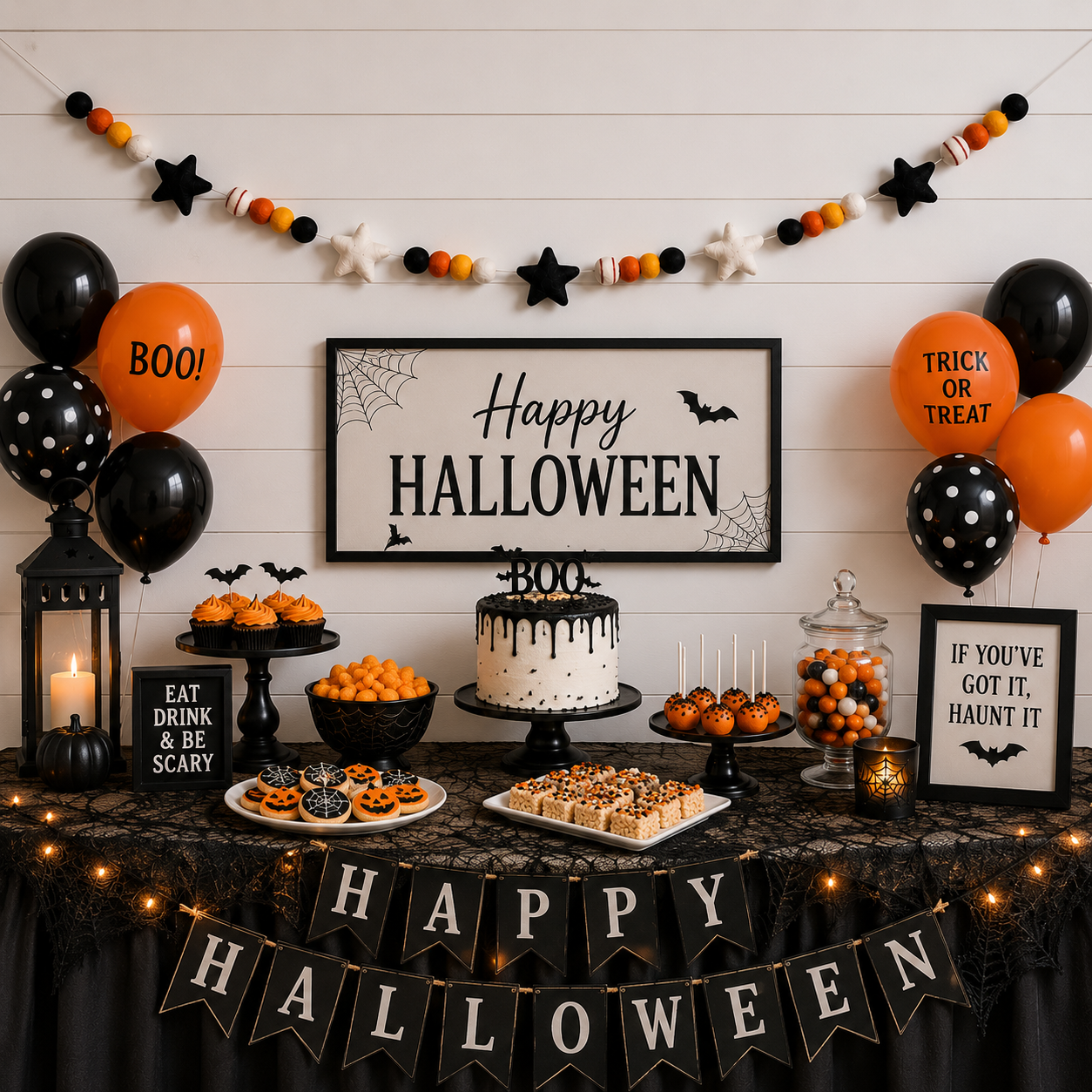 Halloween Felt Ball Garland with Stars – Handmade Halloween Banner for Mantel, Fireplace, Party & Entryway Decor