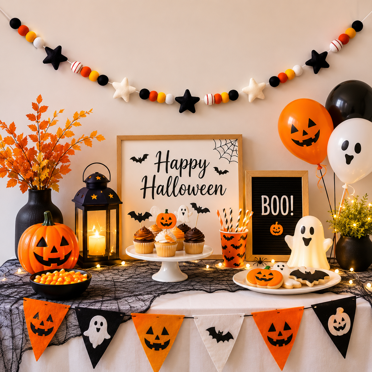 Halloween Felt Ball Garland with Stars – Handmade Halloween Banner for Mantel, Fireplace, Party & Entryway Decor