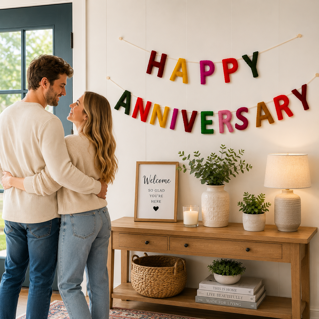 Happy Anniversary Felt Banner | Handmade Rainbow Wool Felt Garland | Anniversary Party Decoration | Wedding Anniversary Sign | Reusable Celebration Banner