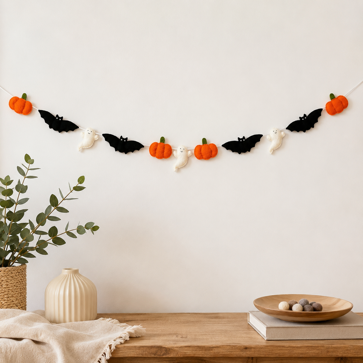 Handmade Halloween Felt Garland with Pumpkins, Bats & Ghosts | Spooky Fall Home Decor Banner