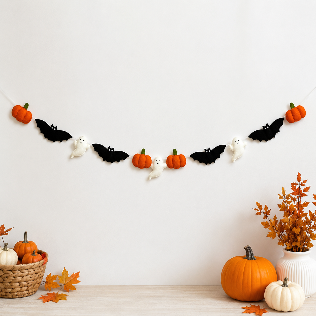 Handmade Halloween Felt Garland with Pumpkins, Bats & Ghosts | Spooky Fall Home Decor Banner