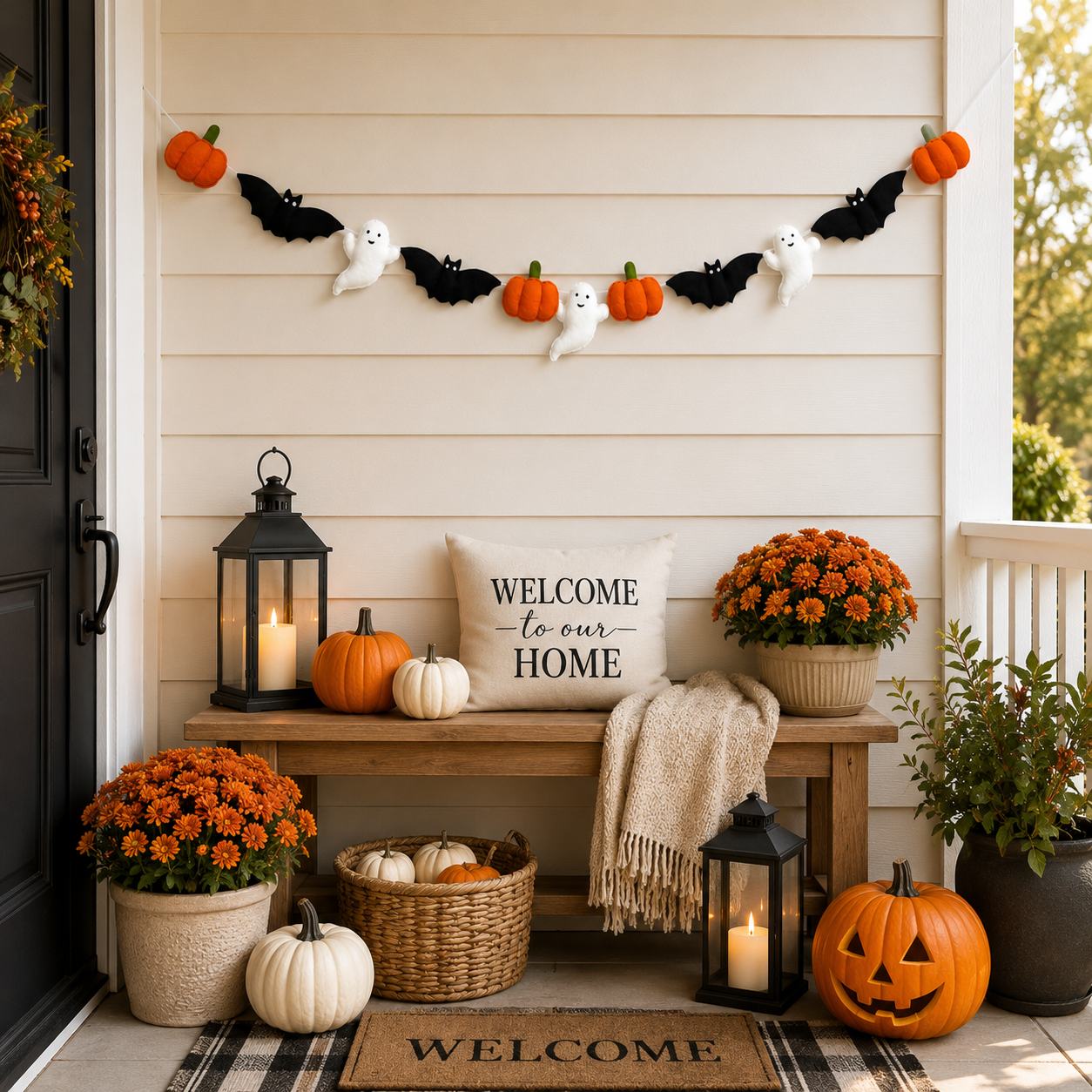 Handmade Halloween Felt Garland with Pumpkins, Bats & Ghosts | Spooky Fall Home Decor Banner