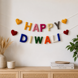 Happy Diwali Felt Garland – Handmade Wool Felt Banner with Hearts | Colorful Diwali Decorations | Reusable Festival Wall Hanging