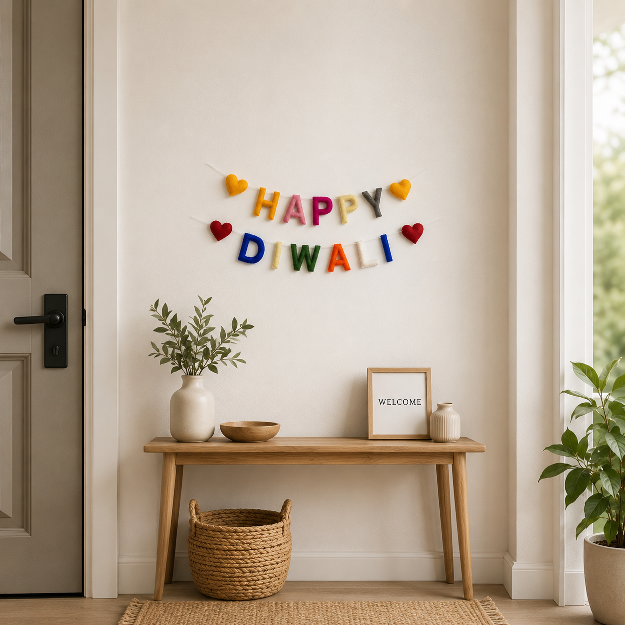 Happy Diwali Felt Garland – Handmade Wool Felt Banner with Hearts | Colorful Diwali Decorations | Reusable Festival Wall Hanging