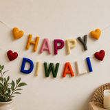 Happy Diwali Felt Garland – Handmade Wool Felt Banner with Hearts | Colorful Diwali Decorations | Reusable Festival Wall Hanging