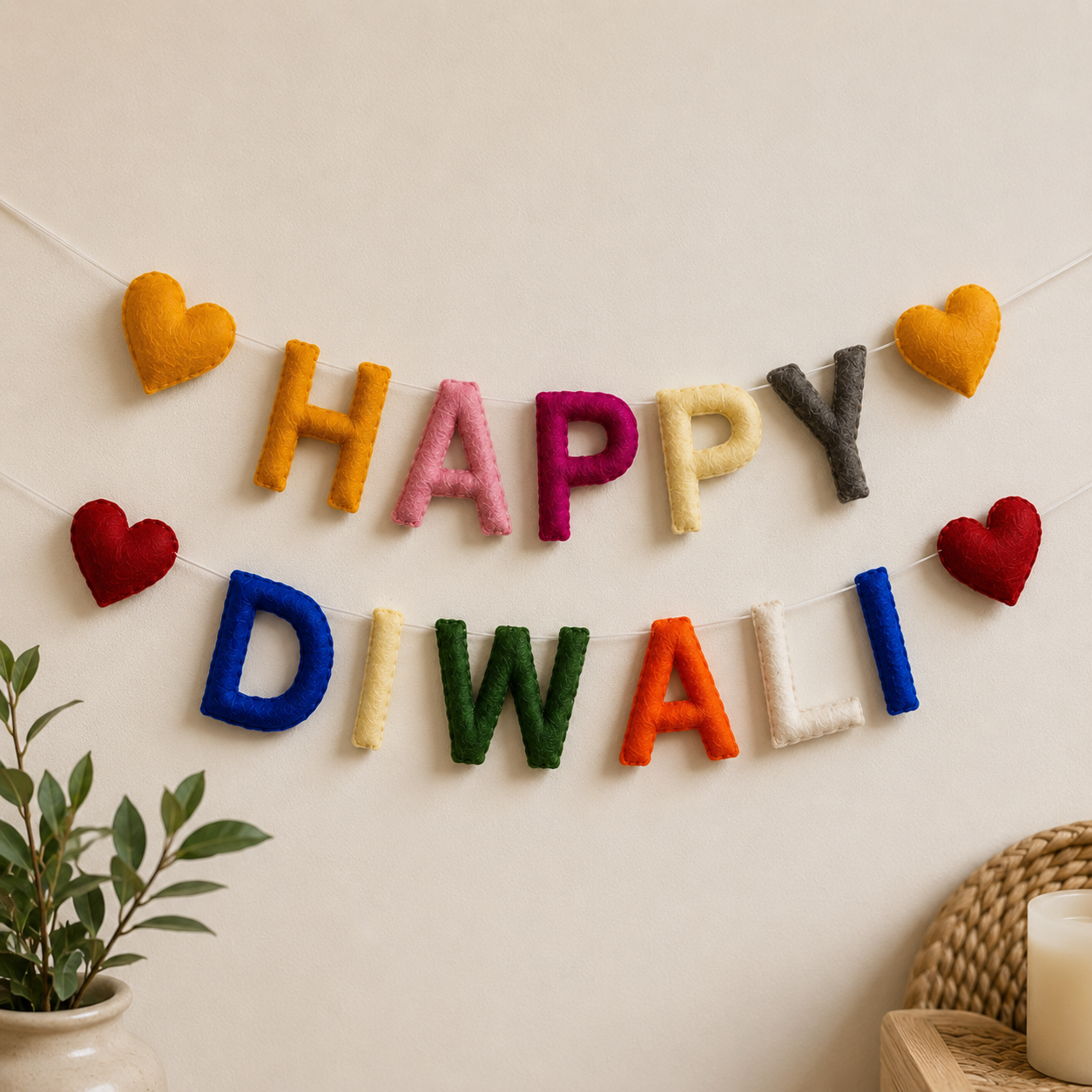 Happy Diwali Felt Garland – Handmade Wool Felt Banner with Hearts | Colorful Diwali Decorations | Reusable Festival Wall Hanging